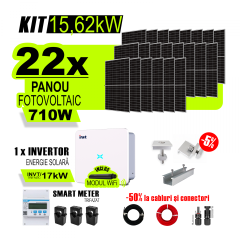 KIT INVERTOR SI PANOURI FOTOVOLTAICE - Kit Complet Sistem Fotovoltaic 15,62kW On-Grid trifazic, Tabla cutata/Panou sandwich Micro, Invertor INVT si 22 panouri fotovoltaice X-energy Longi 710 W