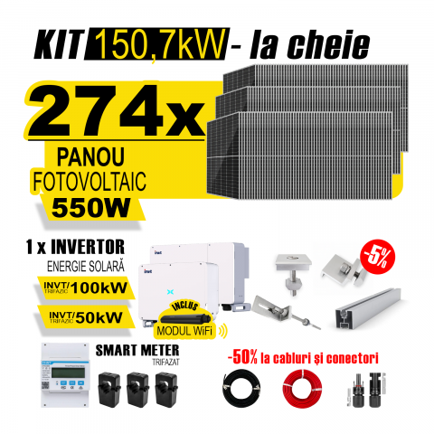 SISTEME FOTOVOLTAICE COMPLETE - Kit Complet Sistem Fotovoltaic 150kW On-Grid TRIFAZAT, cu Montaj, Invertor INVT si 274 panouri fotovoltaice Austrian Solar, 550W