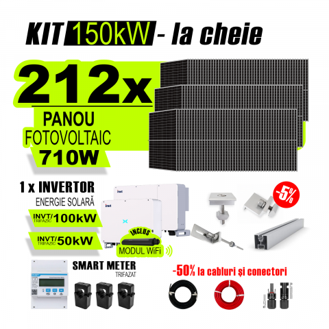 SISTEME FOTOVOLTAICE COMPLETE - Kit Complet Sistem Fotovoltaic 150kW On-Grid trifazic, cu Montaj, Invertoare INVT si 212 panouri fotovoltaice X-energy Longi 710 W