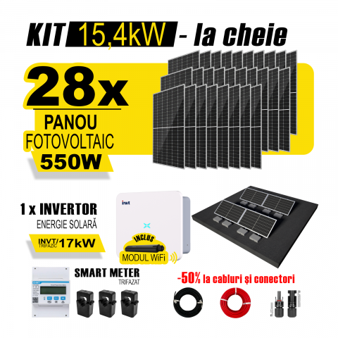 SISTEME FOTOVOLTAICE COMPLETE - Kit Complet Sistem Fotovoltaic 15kW On-Grid TRIFAZAT, cu Montaj, Invertor INVT si 28 panouri fotovoltaice Austrian Solar, 550W