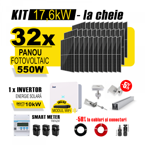 SISTEME FOTOVOLTAICE COMPLETE - Kit Complet Sistem Fotovoltaic 17kW On-Grid TRIFAZAT, cu Montaj, Invertor INVT si 32 panouri fotovoltaice Austrian Solar, 550W