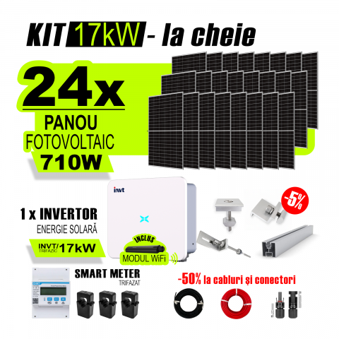 SISTEME FOTOVOLTAICE COMPLETE - Kit Complet Sistem Fotovoltaic 17kW On-Grid trifazic, cu Montaj, Invertor INVT si 24 panouri fotovoltaice X-energy Longi 710 W