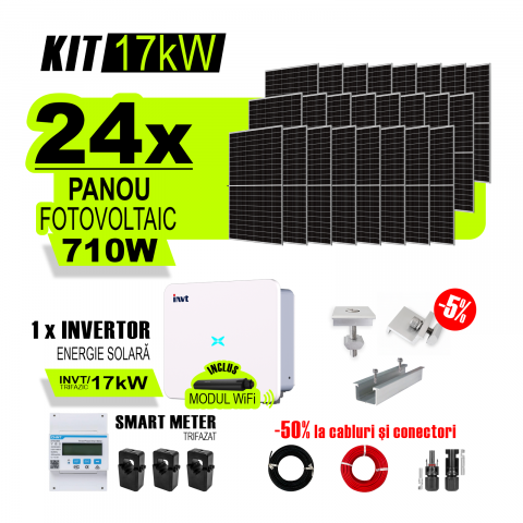 KIT INVERTOR SI PANOURI FOTOVOLTAICE - Kit Complet Sistem Fotovoltaic 17kW On-Grid trifazic, Tabla cutata/Panou sandwich Micro, Invertor INVT si 24 panouri fotovoltaice X-energy Longi 710 W