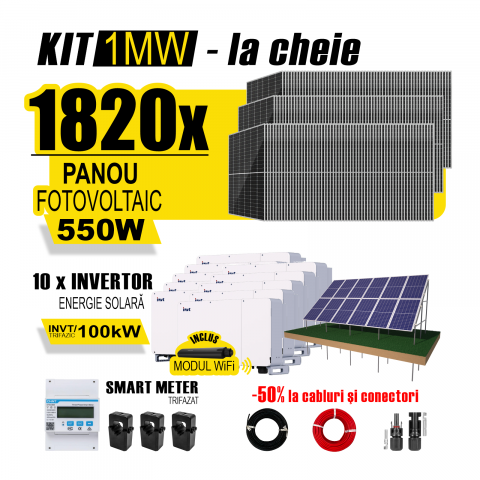 SISTEME FOTOVOLTAICE COMPLETE - Kit Complet Sistem Fotovoltaic 1MW On-Grid TRIFAZAT, cu Montaj, Invertor INVT si 1820 panouri fotovoltaice Austrian Solar, 550W