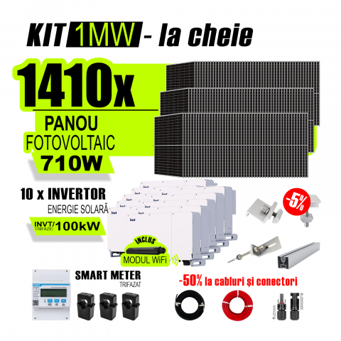 SISTEME FOTOVOLTAICE COMPLETE - Kit Complet Sistem Fotovoltaic 1MW On-Grid trifazic, cu Montaj, Invertoare INVT si 1410 panouri fotovoltaice X-energy Longi 710 W