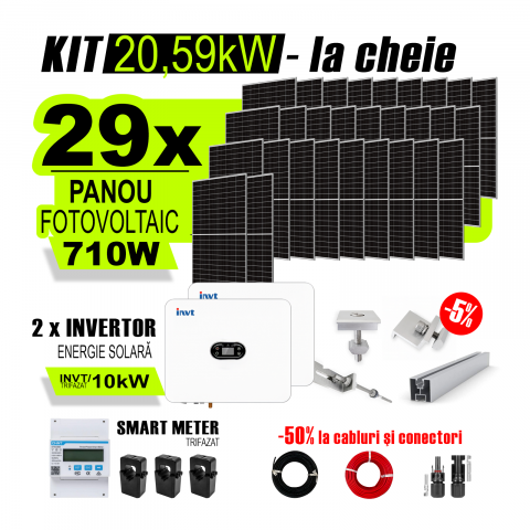 SISTEME FOTOVOLTAICE COMPLETE - Kit Complet Sistem Fotovoltaic 20kW Hibrid trifazat, cu Montaj, 2 Invertoare INVT si 29 panouri fotovoltaice X-energy Longi 710 W