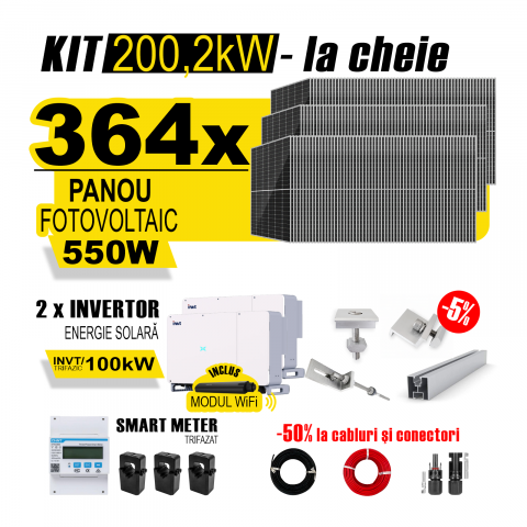 SISTEME FOTOVOLTAICE COMPLETE - Kit Complet Sistem Fotovoltaic 200kW On-Grid TRIFAZAT, cu Montaj, Invertor INVT si 364 panouri fotovoltaice Austrian Solar, 550W