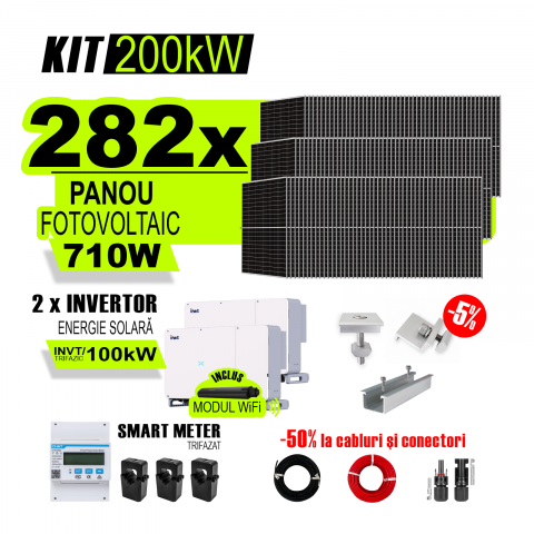 KIT INVERTOR SI PANOURI FOTOVOLTAICE - Kit Complet Sistem Fotovoltaic 200kW On-Grid trifazic, Tabla cutata/Panou sandwich Micro, Invertoare INVT si 282 panouri fotovoltaice X-energy Longi 710 W