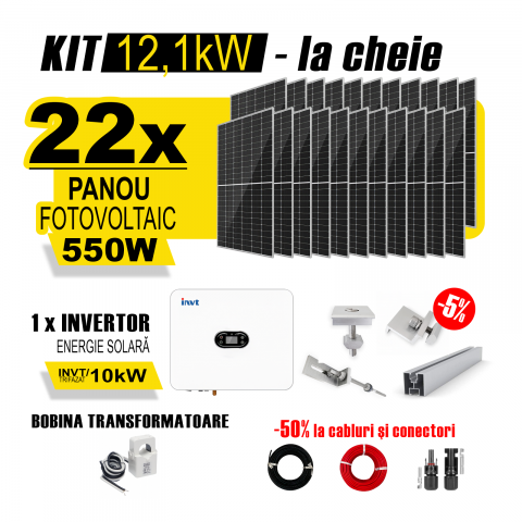 SISTEME FOTOVOLTAICE COMPLETE - Kit Complet Sistem Fotovoltaic 12kW Hibrid trifazat, cu Montaj, Invertor INVT XD10KTR si 22 panouri fotovoltaice Austrian Solar, 550W