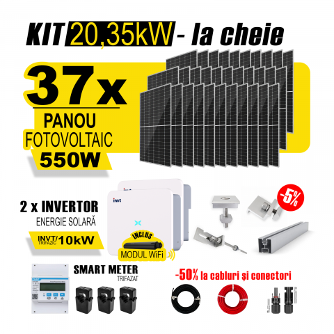 SISTEME FOTOVOLTAICE COMPLETE - Kit Complet Sistem Fotovoltaic 20kW On-Grid TRIFAZAT, cu Montaj, Invertor INVT si 37 panouri fotovoltaice Austrian Solar, 550W