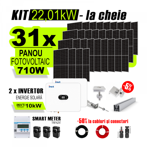 SISTEME FOTOVOLTAICE COMPLETE - Kit Complet Sistem Fotovoltaic 22kW Hibrid trifazat, cu Montaj, 2 Invertoare INVT si 31 panouri fotovoltaice X-energy Longi 710 W