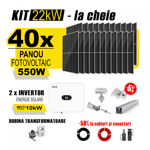 SISTEME FOTOVOLTAICE COMPLETE - Kit Complet Sistem Fotovoltaic 22kW Hibrid trifazat, cu Montaj, Invertor INVT XD10KTR si 40 panouri fotovoltaice Austrian Solar, 550W
