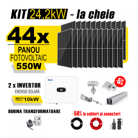 SISTEME FOTOVOLTAICE COMPLETE - Kit Complet Sistem Fotovoltaic 24kW Hibrid trifazat, cu Montaj, Invertor INVT XD10KTR si 44 panouri fotovoltaice Austrian Solar, 550W