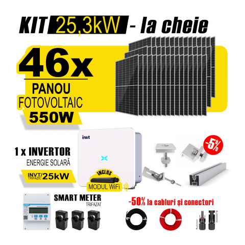 SISTEME FOTOVOLTAICE COMPLETE - Kit Complet Sistem Fotovoltaic 25kW On-Grid TRIFAZAT, cu Montaj, Invertor INVT si 46 panouri fotovoltaice Austrian Solar, 550W