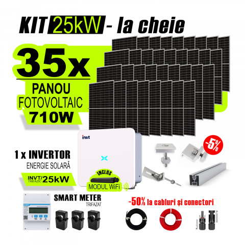 SISTEME FOTOVOLTAICE COMPLETE - Kit Complet Sistem Fotovoltaic 25kW On-Grid trifazic, cu Montaj, Invertor INVT si 35 panouri fotovoltaice X-energy Longi 710 W