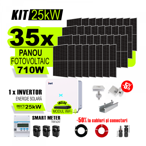 KIT INVERTOR SI PANOURI FOTOVOLTAICE - Kit Complet Sistem Fotovoltaic 25kW On-Grid trifazic, Tabla cutata/Panou sandwich Micro, Invertor INVT si 35 panouri fotovoltaice X-energy Longi 710 W
