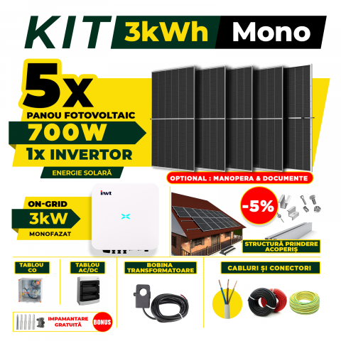 SISTEME FOTOVOLTAICE COMPLETE - Kit Complet Sistem Fotovoltaic 3kW On-Grid monofazat, Optiune Montaj, Invertor INVT si 5 panouri fotovoltaice AustrianSolar 700W