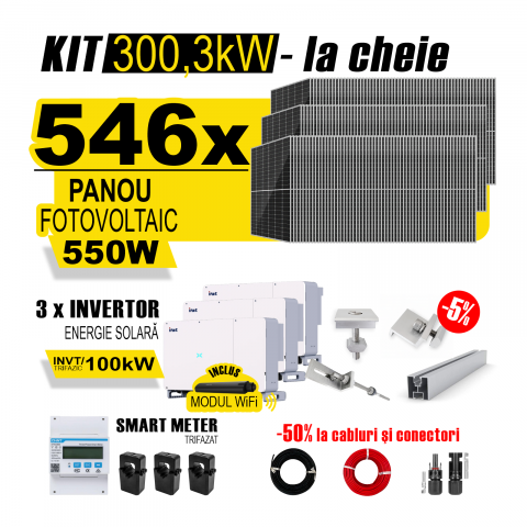 SISTEME FOTOVOLTAICE COMPLETE - Kit Complet Sistem Fotovoltaic 300kW On-Grid TRIFAZAT, cu Montaj, Invertor INVT si 546 panouri fotovoltaice Austrian Solar, 550W