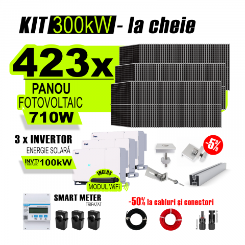 SISTEME FOTOVOLTAICE COMPLETE - Kit Complet Sistem Fotovoltaic 300kW On-Grid trifazic, cu Montaj, Invertoare INVT si 423 panouri fotovoltaice X-energy Longi 710 W
