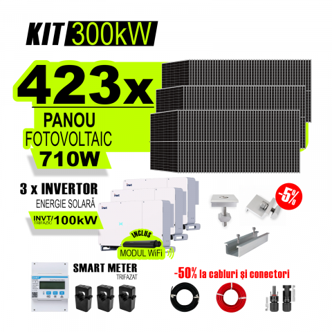 KIT INVERTOR SI PANOURI FOTOVOLTAICE - Kit Complet Sistem Fotovoltaic 300kW On-Grid trifazic, Tabla cutata/Panou sandwich Micro, Invertoare INVT si 423 panouri fotovoltaice X-energy Longi 710 W