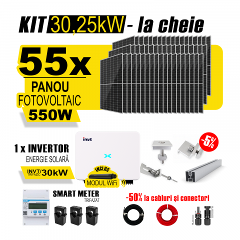 SISTEME FOTOVOLTAICE COMPLETE - Kit Complet Sistem Fotovoltaic 30kW On-Grid TRIFAZAT, cu Montaj, Invertor INVT si 55 panouri fotovoltaice Austrian Solar, 550W