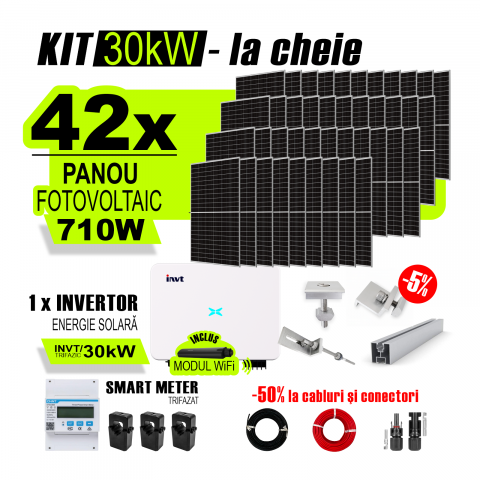 SISTEME FOTOVOLTAICE COMPLETE - Kit Complet Sistem Fotovoltaic 30kW On-Grid trifazic, cu Montaj, Invertor INVT si 42 panouri fotovoltaice X-energy Longi 710 W