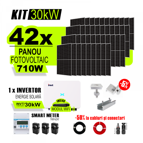 KIT INVERTOR SI PANOURI FOTOVOLTAICE - Kit Complet Sistem Fotovoltaic 30kW On-Grid trifazic, Tabla cutata/Panou sandwich Micro, Invertor INVT si 42 panouri fotovoltaice X-energy Longi 710 W