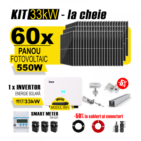 SISTEME FOTOVOLTAICE COMPLETE - Kit Complet Sistem Fotovoltaic 33kW On-Grid TRIFAZAT, cu Montaj, Invertor INVT si 60 panouri fotovoltaice Austrian Solar, 550W