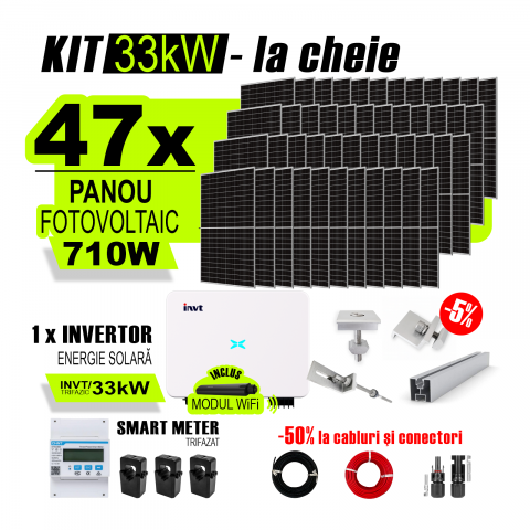 SISTEME FOTOVOLTAICE COMPLETE - Kit Complet Sistem Fotovoltaic 33kW On-Grid trifazic, cu Montaj, Invertor INVT si 47 panouri fotovoltaice X-energy Longi 710 W
