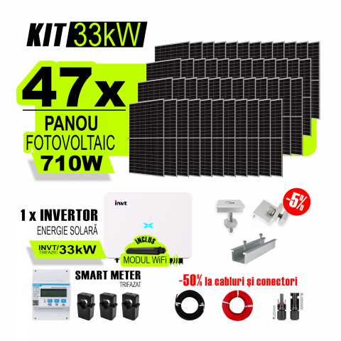 KIT INVERTOR SI PANOURI FOTOVOLTAICE - Kit Complet Sistem Fotovoltaic 33kW On-Grid trifazic, Tabla cutata/Panou sandwich Micro, Invertor INVT si 47 panouri fotovoltaice X-energy Longi 710 W