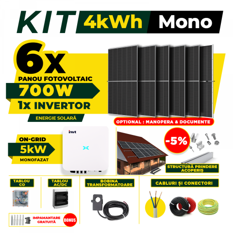 SISTEME FOTOVOLTAICE COMPLETE - Kit Complet Sistem Fotovoltaic 4kW On-Grid monofazat, Optiune Montaj, Invertor INVT si 6 panouri fotovoltaice AustrianSolar 700W