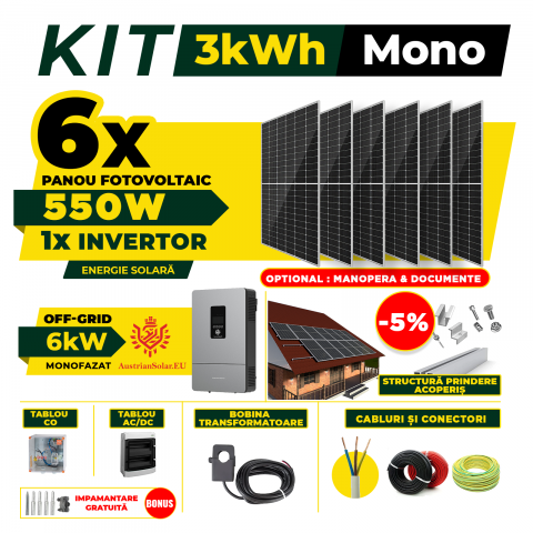 SISTEME FOTOVOLTAICE COMPLETE - Kit Complet Sistem Fotovoltaic 3kW Off-Grid monofazat, Optiune Montaj, Invertor INVT si 6 panouri fotovoltaice Austrian Solar, 550W