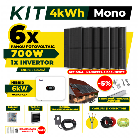 SISTEME FOTOVOLTAICE COMPLETE - Kit Complet Sistem Fotovoltaic 4kW Hibrid monofazat, Optiune Montaj, Invertor INVT si 6 panouri fotovoltaice AustrianSolar 700W