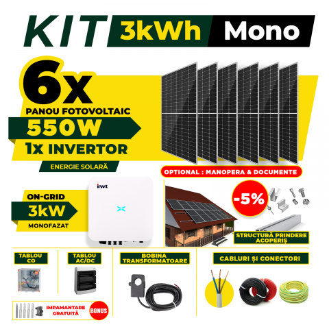SISTEME FOTOVOLTAICE COMPLETE - Kit Complet Sistem Fotovoltaic 3kW On-Grid monofazat, Optiune Montaj, Invertor INVT si 6 panouri fotovoltaice Austrian Solar, 550W