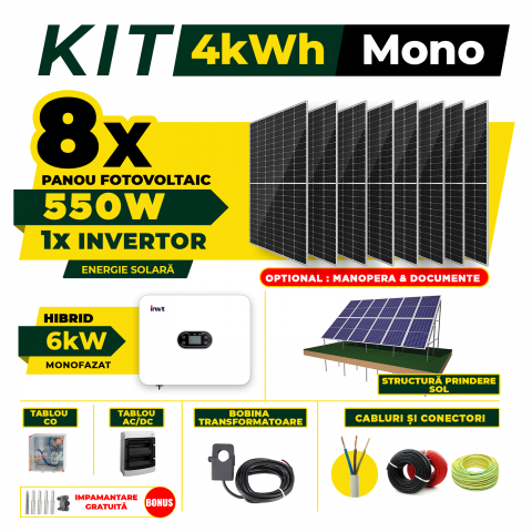 Kit Complet Sistem Fotovoltaic 4kW Hibrid monofazat, Optiune Montaj, Invertor INVT XD6KTL si 8 panouri fotovoltaice Austrian Solar 550W [7]