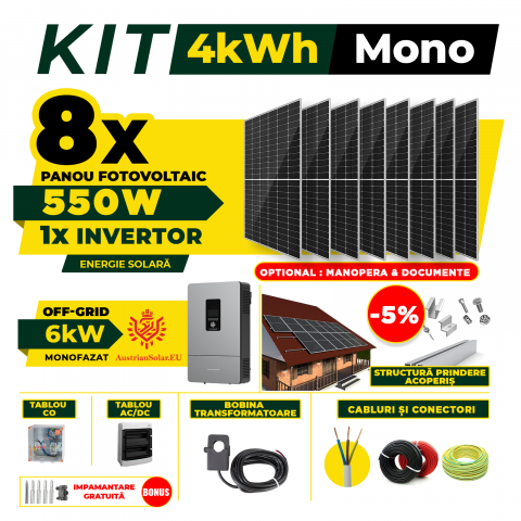 SISTEME FOTOVOLTAICE COMPLETE - Kit Complet Sistem Fotovoltaic 4kW Off-Grid monofazat, Optiune Montaj, Invertor Austrian Solar  si 8 panouri fotovoltaice Austrian Solar, 550W