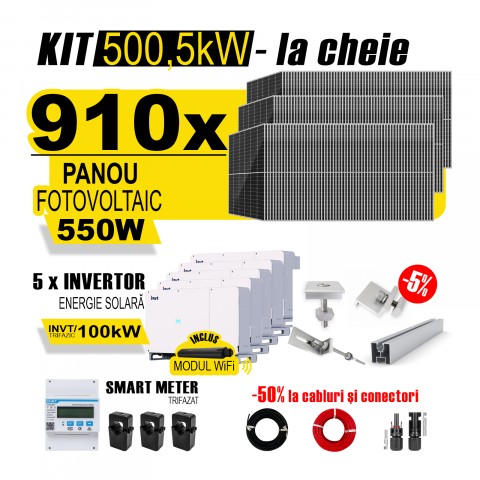 SISTEME FOTOVOLTAICE COMPLETE - Kit Complet Sistem Fotovoltaic 500kW On-Grid TRIFAZAT, cu Montaj, Invertor INVT si 910 panouri fotovoltaice Austrian Solar, 550W