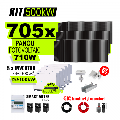 KIT INVERTOR SI PANOURI FOTOVOLTAICE - Kit Complet Sistem Fotovoltaic 500kW On-Grid trifazic, Tabla cutata/Panou sandwich Micro, Invertoare INVT si 705 panouri fotovoltaice X-energy Longi 710 W