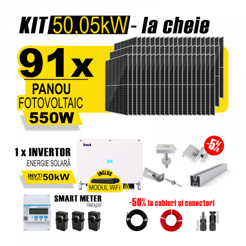 SISTEME FOTOVOLTAICE COMPLETE - Kit Complet Sistem Fotovoltaic 50kW On-Grid TRIFAZAT, cu Montaj, Invertor INVT si 91 panouri fotovoltaice Austrian Solar, 550W
