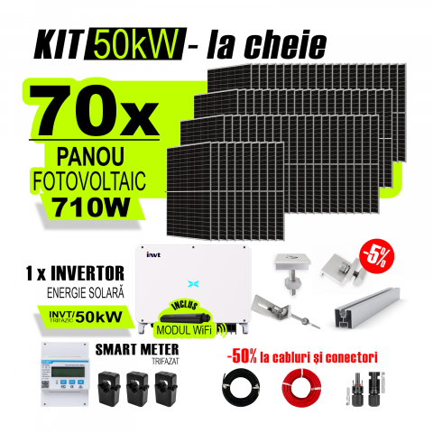 SISTEME FOTOVOLTAICE COMPLETE - Kit Complet Sistem Fotovoltaic 50kW On-Grid trifazic, cu Montaj, Invertor INVT si 70 panouri fotovoltaice X-energy Longi 710 W