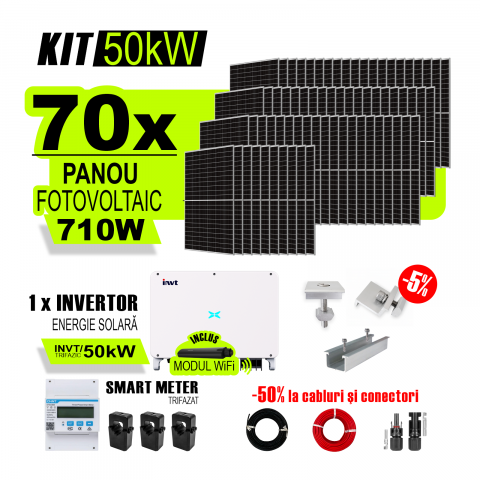 KIT INVERTOR SI PANOURI FOTOVOLTAICE - Kit Complet Sistem Fotovoltaic 50kW On-Grid trifazic, Tabla cutata/Panou sandwich Micro, Invertor INVT si 70 panouri fotovoltaice X-energy Longi 710 W
