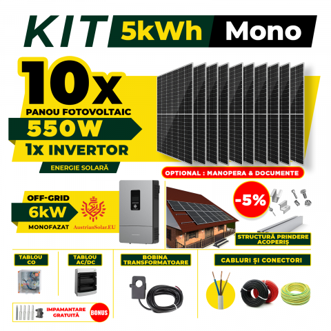 SISTEME FOTOVOLTAICE COMPLETE - Kit Complet Sistem Fotovoltaic 5kW Off-Grid monofazat, Optiune Montaj, Invertor AustrianSolar si 10 panouri fotovoltaice Austrian Solar, 550W