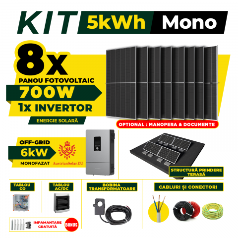 Kit Complet Sistem Fotovoltaic 5kWh Austrian Solar Monofazat, Invertor Off-Grid ,Panouri Fotovoltaice 700W (Optiune Montaj + dosar prosumator) [0]