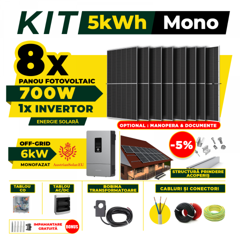 SISTEME FOTOVOLTAICE COMPLETE - Kit Complet Sistem Fotovoltaic 5kW Off-Grid monofazat, Optiune Montaj, Invertor AustrianSolar si 8 panouri fotovoltaice  AustrianSolar 700W