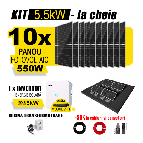 Kit Complet Sistem Fotovoltaic 5kWh Austrian Solar Monofazat, Invertor On-Grid ,Panouri Fotovoltaice 550W (Optiune Montaj + dosar prosumator) [0]