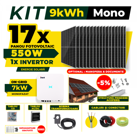 SISTEME FOTOVOLTAICE COMPLETE - Kit Complet Sistem Fotovoltaic 9kW On-Grid monofazat, Optiune Montaj, Invertor INVT si 17 panouri fotovoltaice Austrian Solar, 550W
