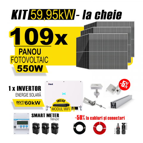 SISTEME FOTOVOLTAICE COMPLETE - Kit Complet Sistem Fotovoltaic 60kW On-Grid TRIFAZAT, cu Montaj, Invertor INVT si 109 panouri fotovoltaice Austrian Solar, 550W