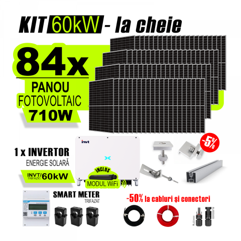 SISTEME FOTOVOLTAICE COMPLETE - Kit Complet Sistem Fotovoltaic 60kW On-Grid trifazic, cu Montaj, Invertor INVT si 84 panouri fotovoltaice X-energy Longi 710 W