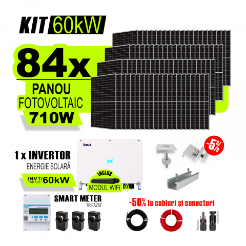 KIT INVERTOR SI PANOURI FOTOVOLTAICE - Kit Complet Sistem Fotovoltaic 60kW On-Grid trifazic, Tabla cutata/Panou sandwich Micro, Invertor INVT si 84 panouri fotovoltaice X-energy Longi 710 W
