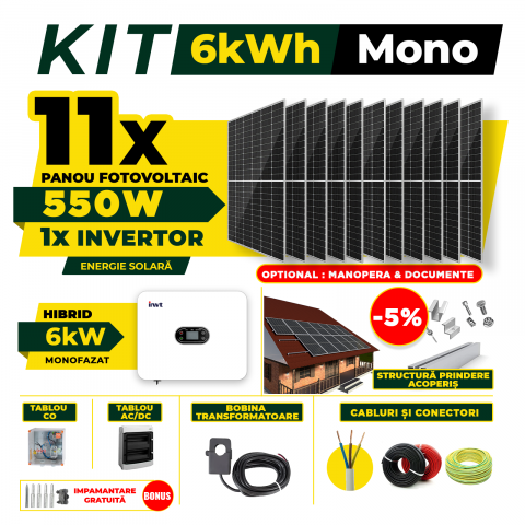 SISTEME FOTOVOLTAICE COMPLETE - Kit Complet Sistem Fotovoltaic 6kW Hibrid monofazat, Optiune Montaj, Invertor INVT XD6KTL si 11 panouri fotovoltaice Austrian Solar 550W